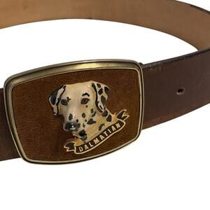 Vtg Leather Belt W/ 1979 Raintree Dalmatian Buckle Hand Tooled Made USA 46” Long
